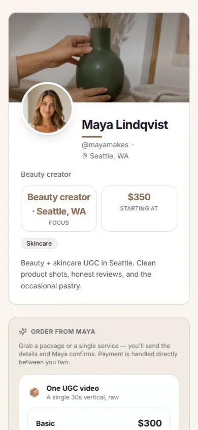 A creator storefront scrolling on a phone, on a demo account: cover photo, avatar, starting rate, then the priced packages.